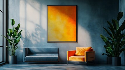 Cozy and inviting minimalist living room interior featuring a comfortable sofa vibrant abstract art painting and lush green plants against a warm sunlit backdrop