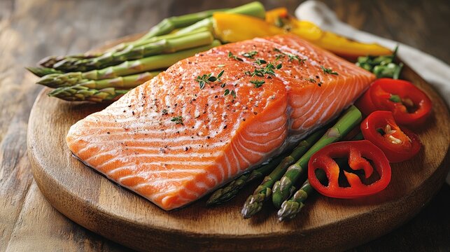 A fresh salmon fillet garnished with herbs, served with asparagus and bell peppers on a wooden board. - Powered by Adobe
