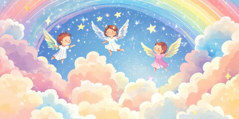 Three adorable angel children fly amidst colorful clouds and stars