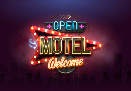 Shining retro neon sign Motel with an arrow. Vintage billboard with neon lights. Vector illustration.