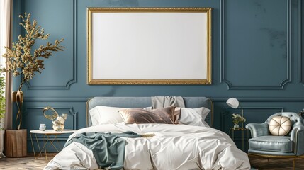 A rectangular frame with gold detailing in a luxurious bedroom setting. HD 8K mockup wallpaper Photographic Image