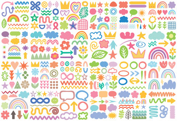 Vector set of hand drawn fun colorful shapes, rainbows, shapes, flowers