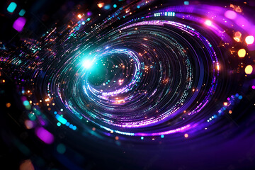 Obraz premium Energy Data Vortex - Dynamic energy vortex of digital data flowing like liquid energy, with radiant streams in neon green, purple, and blue, surrounded by light bursts