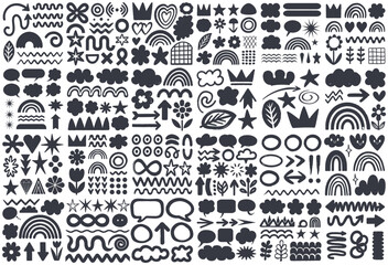 Vector set of hand-drawn fun doodles, rainbows, shapes, flowers