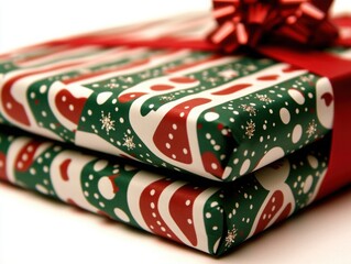 A festive image of two beautifully wrapped Christmas presents adorned with red and green patterns and a shiny bow.