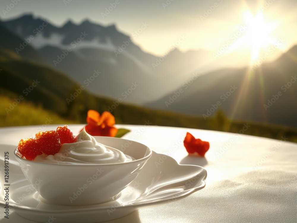 Wall mural A serene dessert scene featuring a bowl of cream adorned with berries, set against a stunning mountain backdrop at sunset.