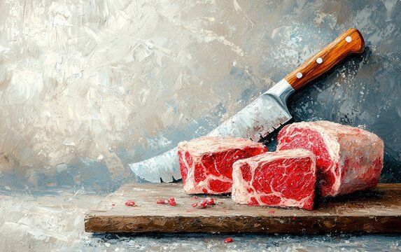Oil painting of an artisanal butcher meat shop at fresh market. Fresh cuts of red meat on a wooden board with a sharp knife, set against a textured background.