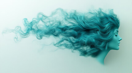 Fototapeta premium A conceptual piece featuring teal hair forming fluid, wave-like shapes extending off-frame to