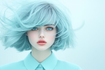 Naklejka premium A serene portrait in which the womanâ€™s teal tresses fan outward, stark against a pale background,