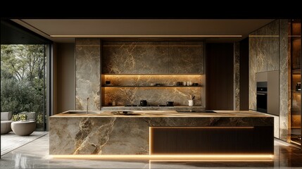 Modern marble kitchen island, luxury home, garden view, interior design