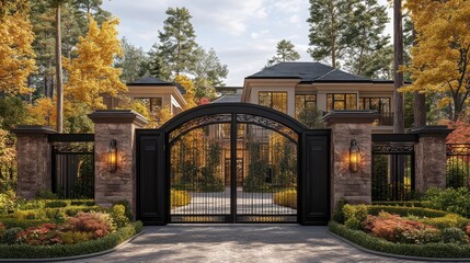 Obraz premium Luxurious home with ornate gate, autumn foliage.