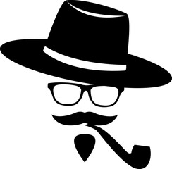 Silhouette of man with mustache wearing hat and smoking pipe