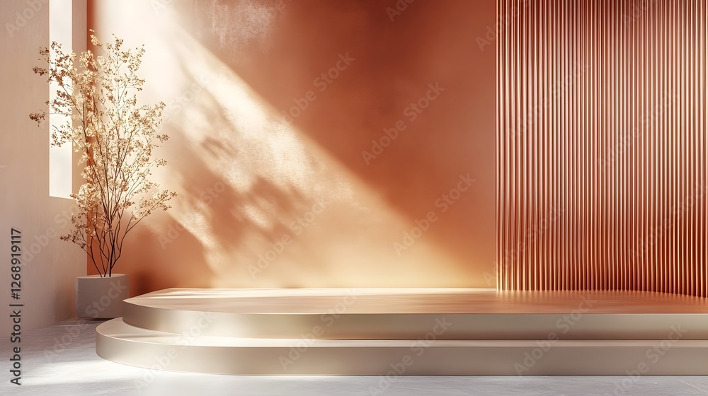 Poster Cozy and minimalist interior design with warm lighting and geometric wall patterns creating a serene and inviting atmosphere for a home or studio setting