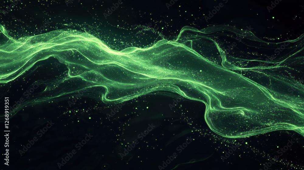 Poster Flowing green energy with sparkling particles in a dark cosmic environment creates a mesmerizing visual experience. Generative AI