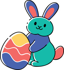 Doodle-style illustration of a cheerful Easter bunny with a decorated egg