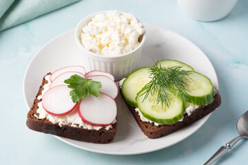 Freshly prepared open-faced sandwiches with cucumbers and radishes served with cottage cheese