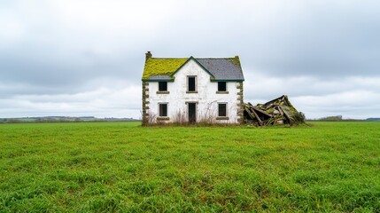 Abandoned House in Countryside Concept, Abandoned farmhouse in empty countryside surrounded by lush green grass and moss-covered stone roof