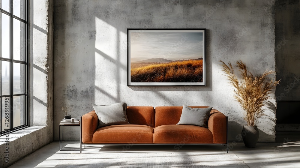 Aufkleber Cozy and minimalist modern interior design with an oversized rust colored sofa and a large framed landscape art piece showcasing a scenic countryside vista with a golden autumn field and dramatic sky