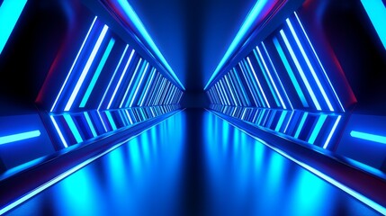 Fototapeta premium Futuristic corridor illuminated by vibrant blue and red light, reflecting on the glossy floor