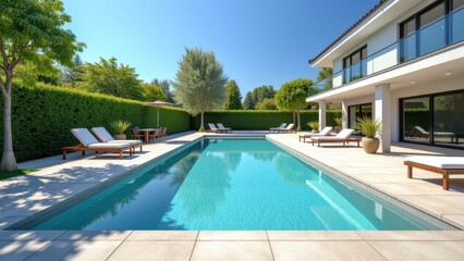 Open house invitation, Backyard pool with sun loungers and lush greenery clear blue sky above photorealistic.