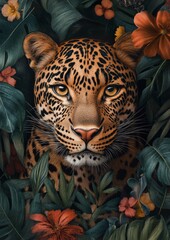 A captivating leopard gazes through lush foliage adorned with vibrant flowers in a natural setting