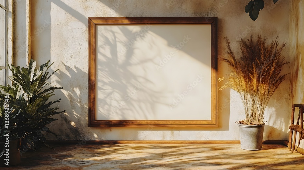 Poster cozy and peaceful interior scene with a wooden frame on the wall lush potted plants and soft natural