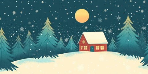 Fototapeta premium Cozy cabin is nestled among snowy pine trees at night