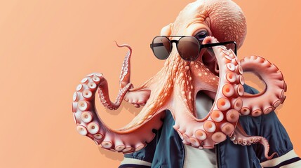 A photo of an octopus wearing sunglasses and a suit. The octopus is standing in front of a peach-colored background.
