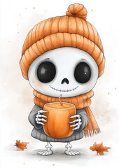 A cute skeleton character wearing an orange knitted hat and scarf holding a pumpkin candle in a cozy autumn setting