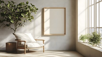 Cozy and relaxing modern minimalist living room with natural lighting shining through large windows a comfortable chair and lush greenery from a potted plant