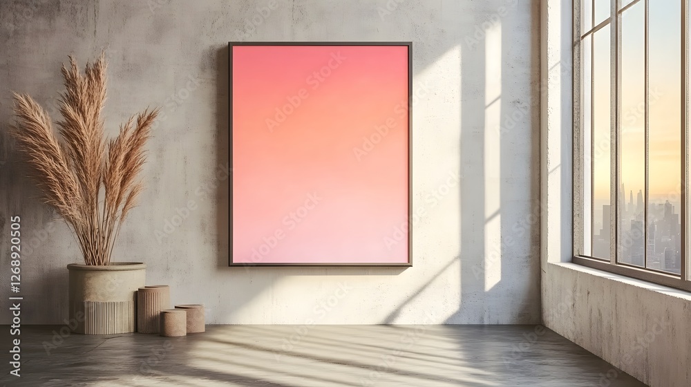 Poster cozy and serene minimal interior design with warm natural lighting streaming through a large window 