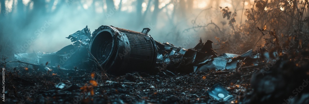 Poster black box recorder lies amidst debris of an airplane crash in a misty forest at dawn. generative ai