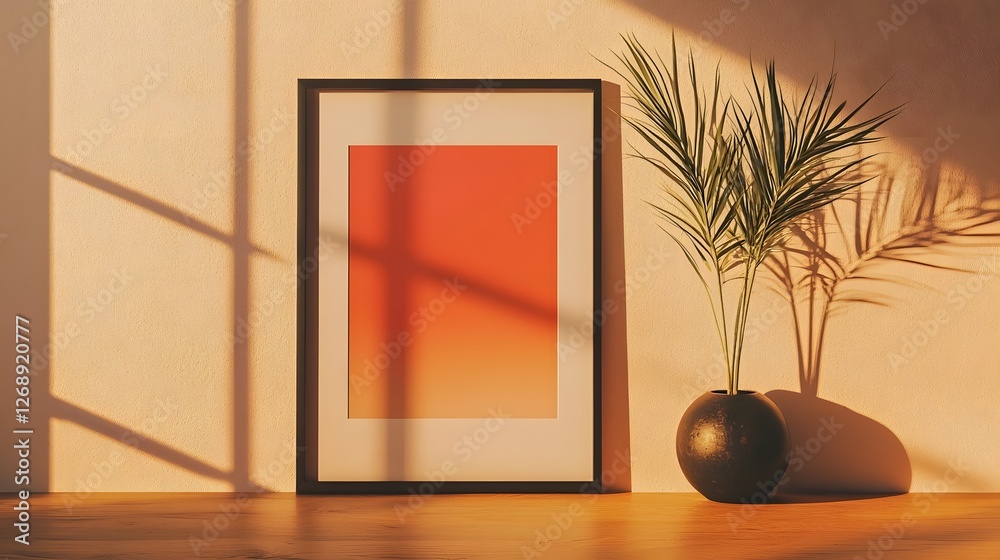 Poster cozy and serene minimalist living room with warm natural light filtering through the window casting 
