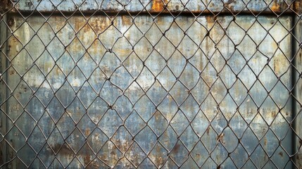 Fototapeta premium Rusty Metal Wall Behind Chain Link Fence with Textured Surface