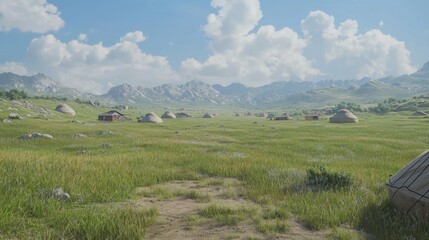 Fototapeta premium Sunny Mongolian Yurts Village in Mountains