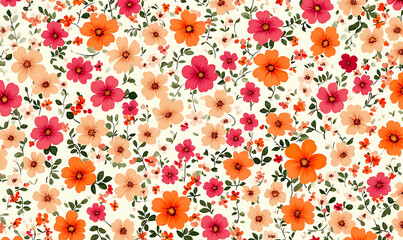 Floral pattern. Pretty flowers on a white background. Printing with small orange, red, and pink flowers. Ditsy print. Spring Bouquet.A white background