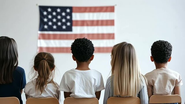 Students reciting the Pledge of Allegiance in a classroom setting