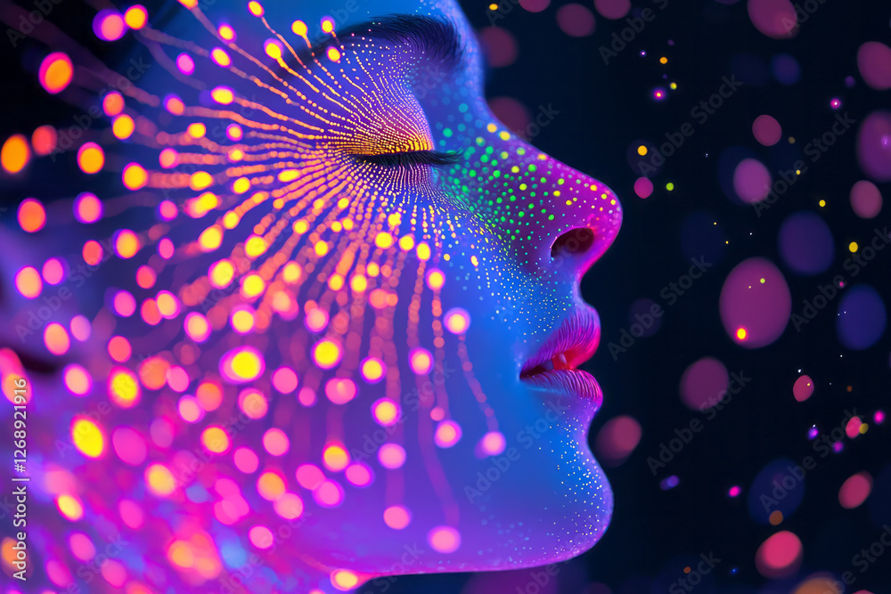 Poster a neon ocean of swirling paint, bright pulses of color creating vivid cellular patterns and fluid