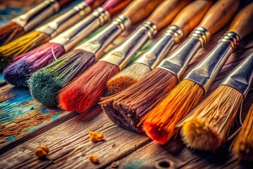 Fototapeta premium Extreme Close-up of Artist Paint Brushes on Wooden Palette - Shallow Depth of Field