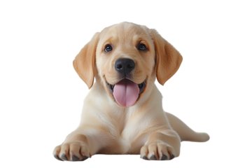 Handsome 3 months old Labrador dog puppy, laying down facing front with tongue out. Looking towards camera. Isolated cutout on a transparent background.