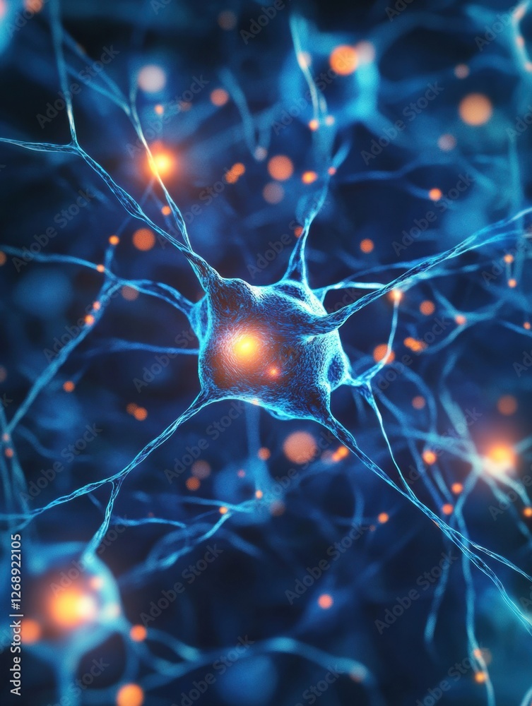 Aufkleber Neurons interconnected with glowing synapses illustrating complex brain activity in scientific visualization. Generative AI