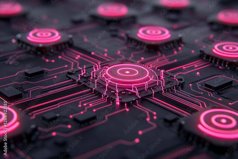 Poster A macro view of a futuristic circuit board, each glowing connection pulsing in sequence with