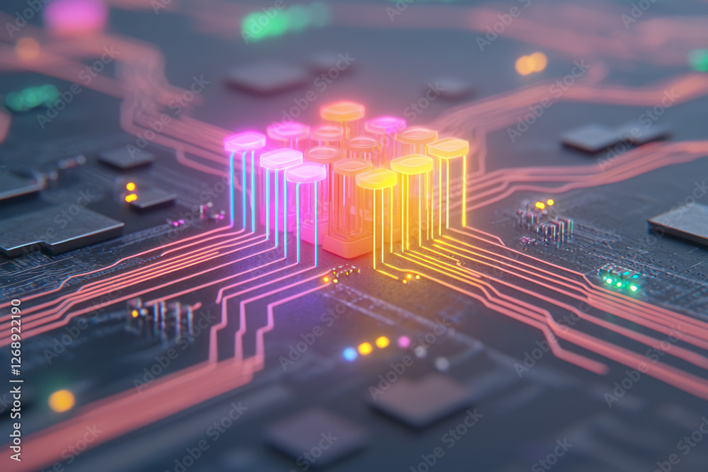 Poster A macro view of a futuristic circuit board, each glowing connection pulsing in sequence with