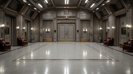 Luxurious lobby, grand doors, marble floor, waiting area, futuristic design, film set