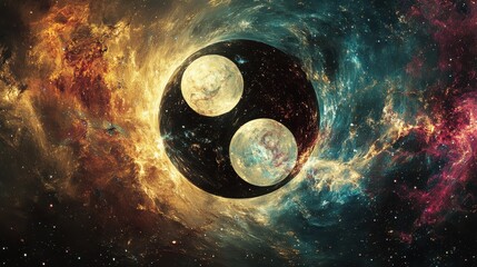 Two planets orbit each other within a swirling cosmic nebula