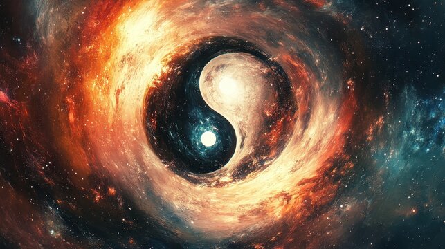 Yin and yang symbol formed by celestial bodies in space