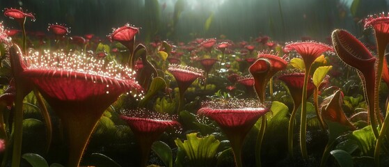A vast field of carnivorous plants with dewdrops glistening on their traps.