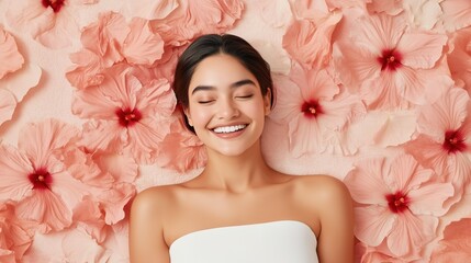 Serene Beauty amidst Hibiscus: A young woman with a radiant smile lies serenely amidst a profusion of delicate pink hibiscus blossoms, evoking a sense of peace, tranquility, and natural beauty.