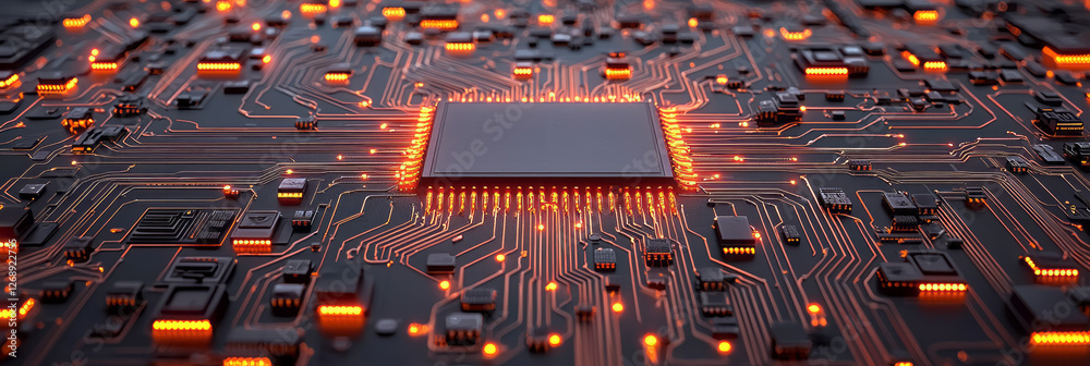 Poster A macro view of a futuristic circuit board, each glowing connection pulsing in sequence with