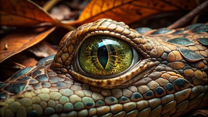 Fototapeta premium False Gharial Eye Closeup - Camouflaged in Dry Leaves, Indonesian Freshwater Crocodile